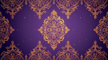 A purple and gold Thai pattern background with an empty center for text, using traditional colors and shapes in an elegant design.