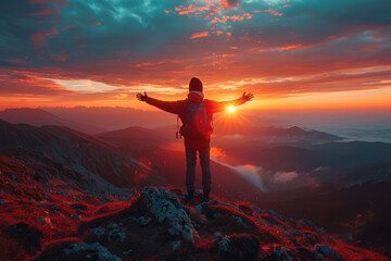 Fototapeta premium Man with open arms standing on mountain peak overlooking the landscape scenery. Travel enthusiast. Goals, Achievements.