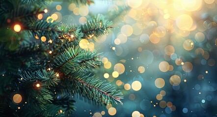 Fairy light background with blurred green pine tree branches and bokeh lights.
