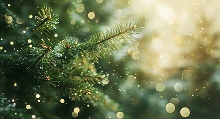 Fairy light background with blurred green pine tree branches and bokeh lights.