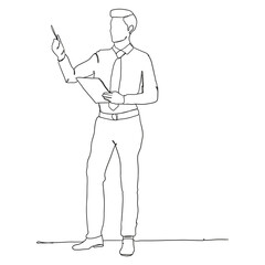 One line drawing of a businessman in a tie with a tablet and pen