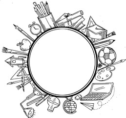 Back to School background with 3d books stack and lettering Back to school. Hand drawn education objects in doodle style as frame around. Blackboard and checkered paper on backdrop. Vector