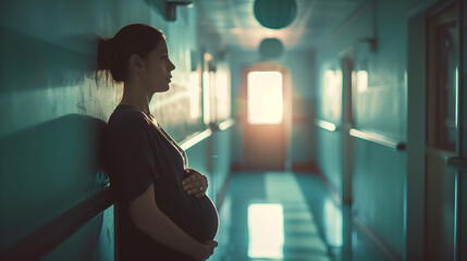 pregnant woman standing against the wall in the corridor of hospital - Powered by Adobe