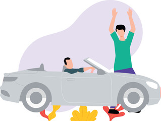A boy and a girl are having fun in a car.