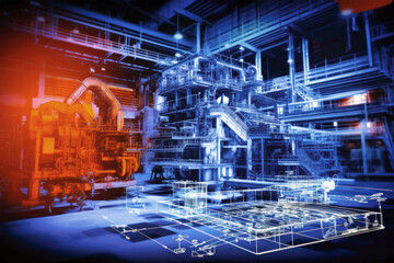 Fototapeta premium A computer-generated depiction of a complex machine at work in a bustling metallurgical plant, illustrating the intricacies of the steel production process