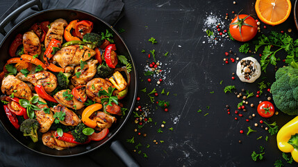 Frying pan with tasty vegetables and chicken on dark b