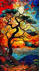 A stained glass painting of a tree in the sunset.