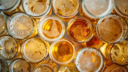 Beer glasses crowd the view from above, filling the frame.