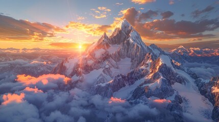 Majestic Snow Capped Mountain Range at Sunset with Warm Glowing Skies and Dramatic Rocky Peaks in