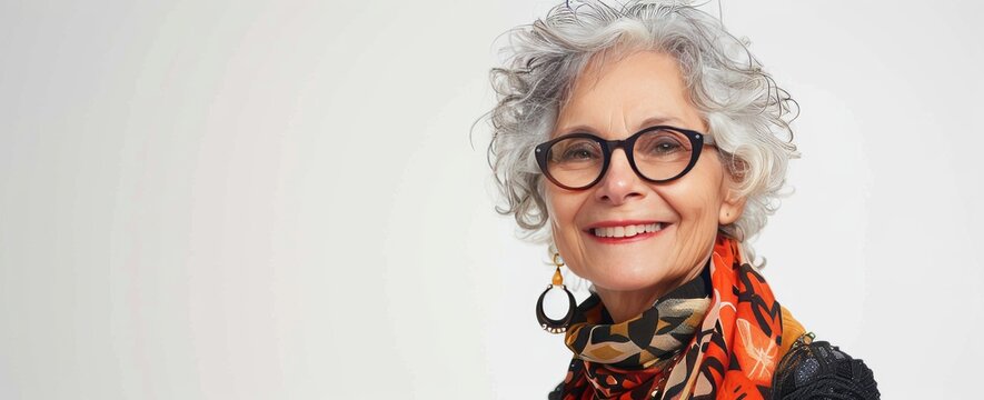 A joyful portrait of a mature woman with a big smile and stylish glasses, exuding confidence and happiness with a minimalist white background