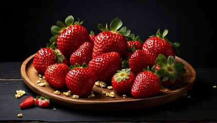 strawberries neatly arranged on a wooden plate on a wooden table, with a black background