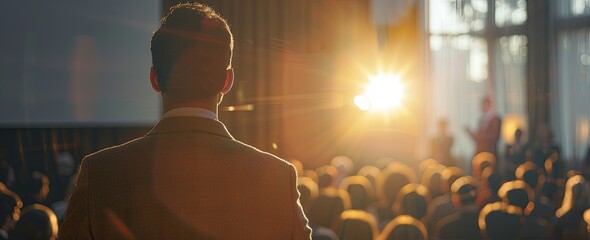 A business man giving a presentation at a conference or to an audience of people at a professional town hall for a public event
