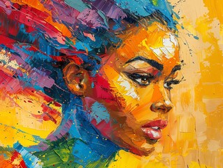 Abstract portrait of a running woman, depicted in vibrant colors with intense gaze and bold brush strokes