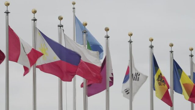 Line of national flags waving in front of the United Nations headquarters in New York City