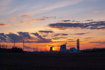 
power plant cooling tower sunset pipes smoke industrial landscape beautiful view