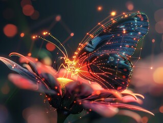 3D digital mesh network creating a glowing butterfly on a vibrant colored flower, showcasing futuristic nature art