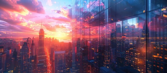 Vibrant Cityscape Concerto Mesmerizing Sunset Reflections Illuminate the Pulsing Heart of the