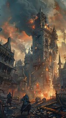 Naklejka premium Digital Painting of a medieval siege with catapults and trebuchets firing