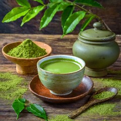 Matcha green tea in a Japanese teacup With green tea powder and tea leaves on a wooden background