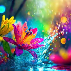 background with flowers and water, bokeh, vivid colors