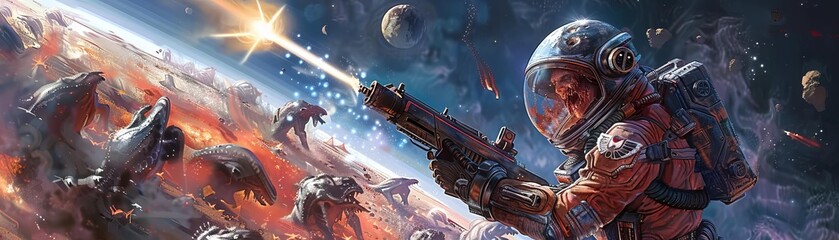 A space explorer in a damaged suit engaged in a battle with a laser gun against alien forces