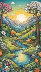 Obraz premium Serene Sunset Over Vibrant Landscape: Colorful Reflection of Nature’s Beauty in Tranquil Mountain River