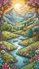 Serene Sunset Over Vibrant Landscape: Colorful Reflection of Nature’s Beauty in Tranquil Mountain River