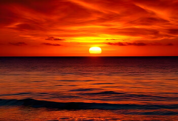 A vibrant sunset over the ocean with orange hues