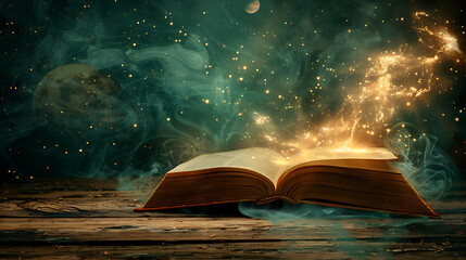 Book of the Universe - A magical book opened with planets and galaxies.