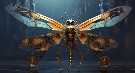 A dragonfly with mechanical wings. Fantasy concept , Illustration painting. Generative AI
