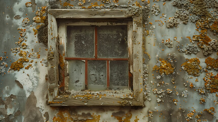 Naklejka premium Zoom in on the textures of the wall surrounding the vintage window, with moss and lichen clinging to the rough surface and adding character to the scene