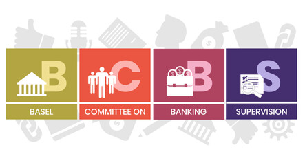 BCBS, BASEL COMMITTEE ON BANKING SUPERVISION. Concept with keyword and icons. Flat vector illustration. Isolated on white.