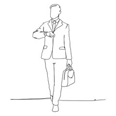 Confident businessman in a tie with a suit and briefcase looks at his watch one line drawing