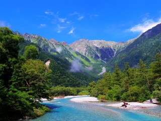 Fototapeta premium 夏の上高地河童橋から望む穂高連峰と梓川