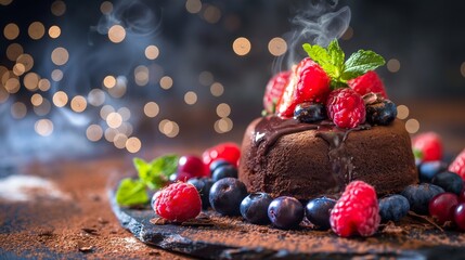 A decadent chocolate lava cake surrounded by vibrant berries on a rustic wooden table, set against...