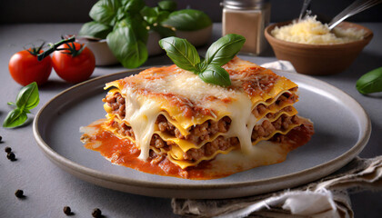Tomato and ground beef lasagne layered between sheets of traditional Italian pasta served