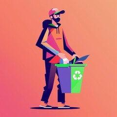 flat illustration. The man cares about waste recycling and the environment.