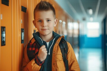 Elementary schoolboy standing in front of lockers in school corridor