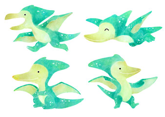 Pteranodon . Cute dinosaur cartoon characters . Watercolor paint design . Set 27 of 27 . Illustration .