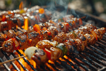Sizzling Barbecue Skewers. Close-up of juicy skewers grilling with vibrant vegetables and smoke