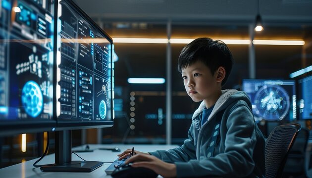 Portrait of a child Asia prodigy programming on a futuristic super computer