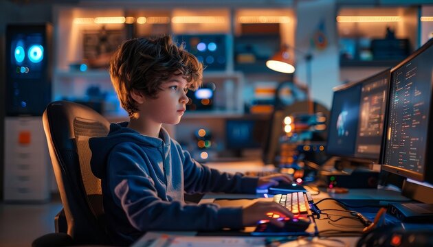 Portrait of a child prodigy programming on a futuristic super computer