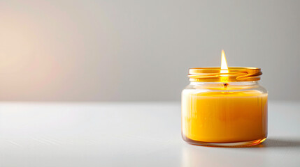 Glowing wax candle in jar on white background