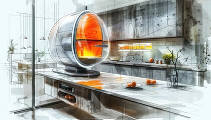 Sketch a futuristic kitchen appliance specifically designed for perfectly boiling eggs every time