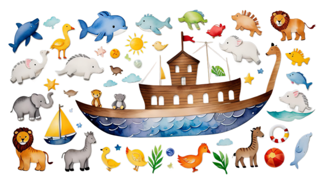 s baby watercolor noah ark birthday card children cartoon imagination fairy tale unusual bible art artwork design print illustration painting butterfly insect animal colourful nature rabbit hare bear