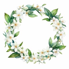 jasmine themed frame or border for photos and text. delicate white flowers and green leaves. watercolor illustration,  For packaging, greeting and invitation cards and labels. For banners, flyers.