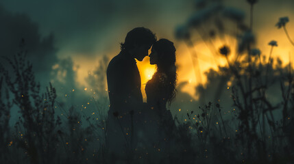 A couple is kissing in a field of tall grass. The sun is setting in the background, casting a warm glow over the scene. Scene is romantic and peaceful - Powered by Adobe