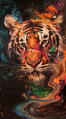 Colorful, abstract depiction embodies a tiger's essence.