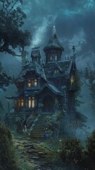 Fototapeta premium Gothic Art of a secluded TCM practitioner s cabin, shrouded in mist and mystery, illustrated in a dark, baroqueinspired drama style with ornate detailing