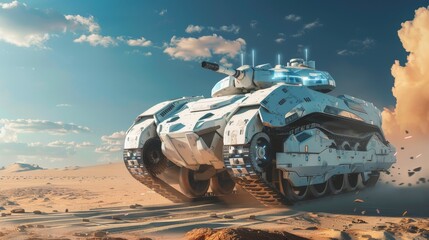 Hightech white tank featuring futuristic armor, on a desert battlefield backdrop, emphasizing survival and defense technology